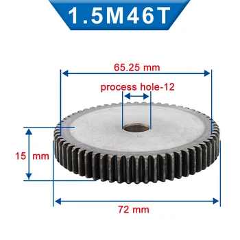 1 Bucata 1,5 M Spur Gear 44/45/46/47 Dinti 12 mm Procesului Gaura Gear Roată de Oțel Carbon Scăzut Material Plat Viteze Totală Înălțime 15 mm