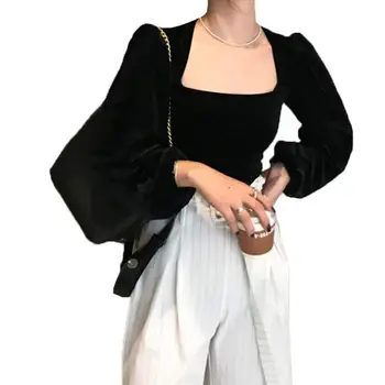 Bluza Femei, Pantaloni De Catifea Cord, Catifea Top Retro Pătrat Guler Tricou Bubble Sleeve Blusas Ropa De Mujer