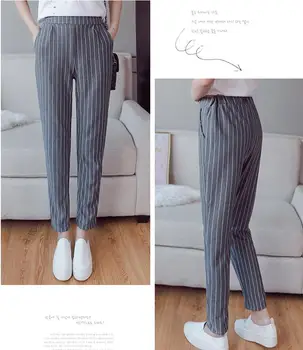 Qooth Anglia Stil de Pantaloni cu Dungi pentru Femei Talie Elastic Banda Glezna-Lungime Pantaloni de Creion 2018 Primăvară New Sosire Pantaloni QH1078