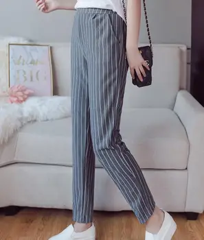 Qooth Anglia Stil de Pantaloni cu Dungi pentru Femei Talie Elastic Banda Glezna-Lungime Pantaloni de Creion 2018 Primăvară New Sosire Pantaloni QH1078
