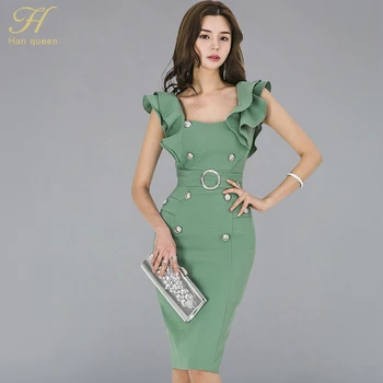 H Han Regina 2018 vara culoare solidă rochie de creion OL femei coreene cu fermoar guler pătrat volane butonul subțire curea split rochii
