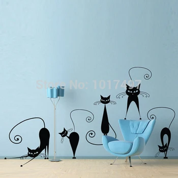 Pisica drăguț Autocolante de Perete , set de 5 amuzant pisica drăguț de perete de vinil autocolante, decal , Abstract pisica păsărică decor p2037