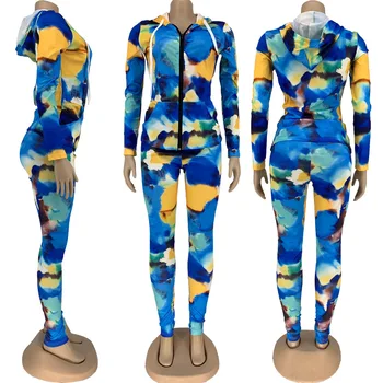 Toamna noua moda multicolor print sport de agrement set de două piese vrac hanorac cu maneca lunga cu fermoar haină și pantaloni pentru femei set