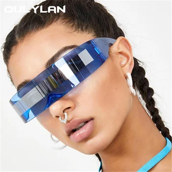 Oulylan Futurist Înfășurați În Jurul Valorii De Ochelari De Soare Pentru Femei Unice Oglinda Roz Albastru Clar Lentile De Ochelari Oameni De Partid Masca Ochelari De Soare