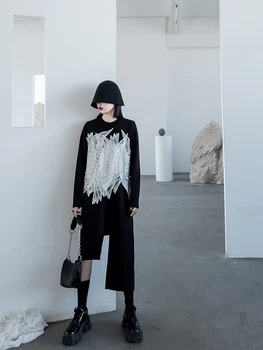 Stil chinezesc Aplicatii Brodate Rochie de Moda pentru Femei Design Creativ Neregulate de Culoare Contrastantă Mic Negru Rochie