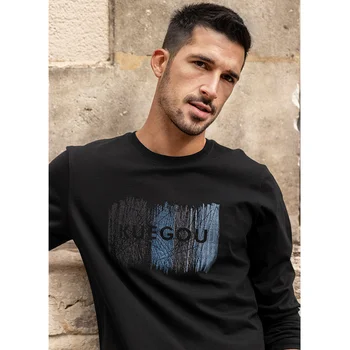 KUEGOU Bumbac de Toamnă de Primăvară de Îmbrăcăminte pentru Bărbați T-shirt de Imprimare de Moda Broderie cu Maneci Lungi tricou Top Plus Dimensiune 88131