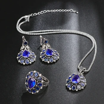 Kinel Fierbinte Turc Set De Bijuterii De Mireasă Moda Albastru De Cristal Colier De Flori Cercel Inel Pentru Femei Vintage Bijuterii De Nunta