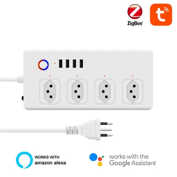ZigBee Smart Power Strip Brazilia Plug Inteligent Bara de Putere Multiple Priza prelungitor cu 4 porturi USB si 4 Dopuri de AC de Tuya.