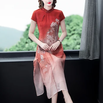 Chineză stil de rochie pentru femei timp de vara noi cu mânecă Scurtă rochie doamnelor îmbunătățit cheongsam rochie imitație de mătase Primavara eleganta