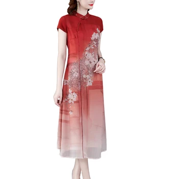 Chineză stil de rochie pentru femei timp de vara noi cu mânecă Scurtă rochie doamnelor îmbunătățit cheongsam rochie imitație de mătase Primavara eleganta