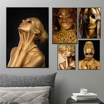 Abstrat Femeie Africană Tablouri Canvas Aur Scandinave Fata Sexy Personaj Portret Arta de Perete pentru Camera de zi de Decorare Acasă