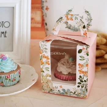 200pcs Iepure Cupcake Cutii cu fereastra cu mâner macaroon cutie/brioșă cutie
