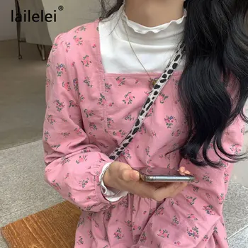 Piața De Guler Floral Rochie Midi Din Bumbac Cu Maneca Lunga-Linie Femei Elegante De Epocă Harajuku Roz Coreea De Sud Drăguț 2021 Halat De Primăvară
