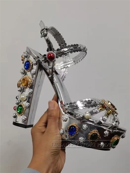 Diamant De Lux Platforma Nunta Pantofi Mireasa Cristal Stras Indesata Toc Din Piele Metal Decor Sandale Femei