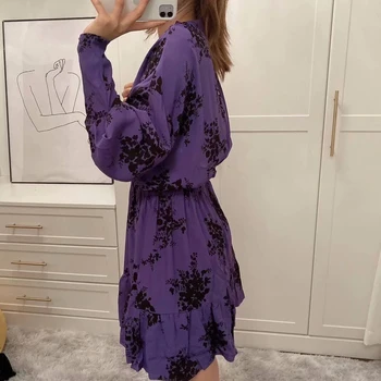 Za 2020 Violet Print Ciufulit Rochie Mini Femei De Primavara Cu Maneci Lungi V-Neck Rochii Plisate Elegant Rochie De Talie Elastic