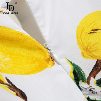 LD LINDA DELLA 2020 Pistă de Moda Rochie de Vara Femei Spaghete Curea Butonul Galben Lemon Print Vacanta Partid Rochie Eleganta