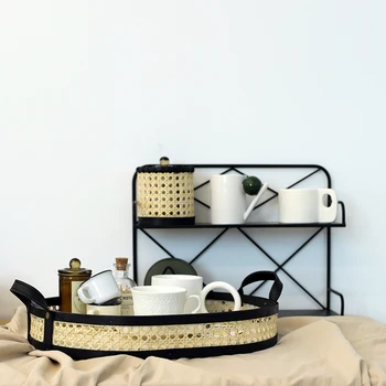 SWEETGO Rattan coș acasă decorare masă de cafea/ceai/suc de bucătărie accesoriu 3 dimensiune mâner din piele PU