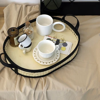 SWEETGO Rattan coș acasă decorare masă de cafea/ceai/suc de bucătărie accesoriu 3 dimensiune mâner din piele PU
