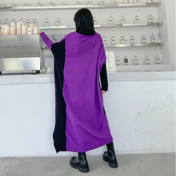 Johnature Noi Mozaic Hit Color Plus Dimensiune Rochii Pentru Femei 2021 Moda de Iarnă V-neck Loose 3 Culori Neregulate Rochie