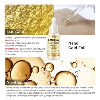 24K GOLD Fiolă cu Aur de 24K Tensionată Umiditate Esență Pur Acid Hialuronic Ser Anti-rid de Aur Nicotinamida Lichid de Îngrijire a Pielii