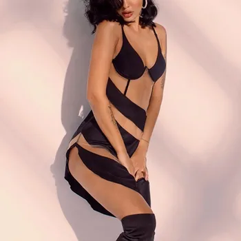 2021 Sexy Bodycon Rochie Femei Sling V-neck Contrast Vedea Prin Slim-Fit Mesh Dress Ropa Mujer Halat Femme платье женское #364