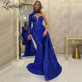 Cristale Albastru Regal Sirena Rochii De Seara Un Umăr Formale Dubai Petrecere Rochii 2020 Couture Margele Musulmană Arabă Rochie De Bal