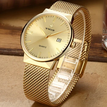 WWOOR Bărbați Simplu Slim Ceasuri de Om Brand de Lux de Aur Plasă de Oțel Ultra Subțire Impermeabil Ceas Barbati Ceas de Aur Cu Cutie Pachet
