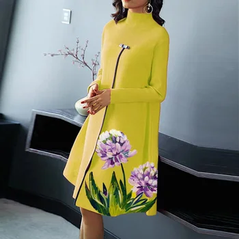 2021 Primăvară Femei Florale Imprimate Rochie Eleganta Casual De Toamna Cu Maneci Lungi Guler Tricotate Tăiat Rochii Femei-Linie Vestidos
