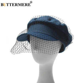 BUTTERMERE Femei Capac de vânzător de ziare din Denim Albastru Capace Plate Cu Voal Doamnelor Elegante Gatsby Pălării Ivy Vintage Casual Toamna Baker Băiat Capace