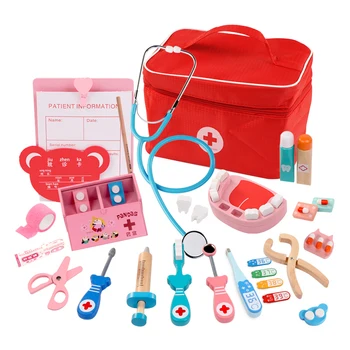 Doctor Jucarie Pentru Copii Pretind Joaca Din Lemn Jucarii Medic Roșu Kit Medical Dentist Medicina Seturi De Cutie Sac De Pânză De Împachetat Jocuri Jucarii