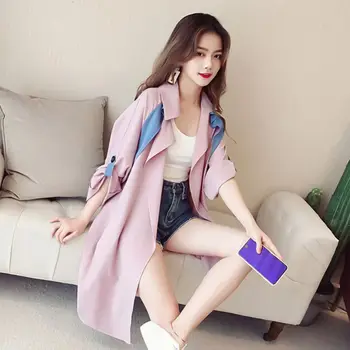 Versiunea Coreeană Mijlocul Palton Lung Pentru Femei Mozaic De Primăvară De Toamnă Cardigan Vrac Femei Subțire Ping Transpirație Strat