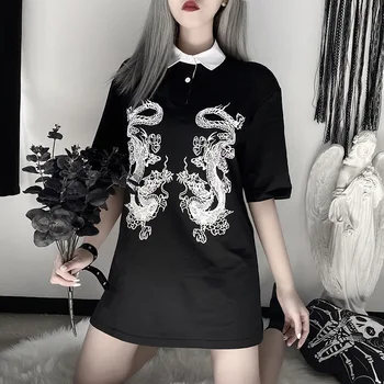 GOTH FATĂ Harajuku Strada T-shirt Femei Dragon Brodate-Maneci Scurte Largi Tricou Polo Grunge, Punk Casual Top Negru Teuri Femme