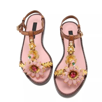 Cristal De Floarea Soarelui De Tip T Sandale Plate Boem Stras Floare Sandale De Mari Dimensiuni Pantofi