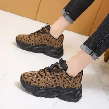 2020 Cald Iarna Indesata Adidasi Femei Dantelă Sus Leopard Pantofi Casual Femei Rotund Deget De La Picior Cu Talpă Platformă Adidași De Sex Feminin