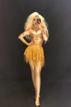2019 Femei Sexy Aur Ciucure Fusta Scurta Spumante, Cristale, Club De Noapte Partid De Performanță Etapă Purta Dansatoare Bling Cantareata Costume