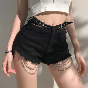 Femei clasic de culoare neagră, pantaloni scurți sexy gol afară skinny pantaloni scurți și cu lanț de metal decor stil punk doamnelor funduri