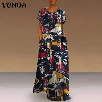 Femei Rochie Maneca Scurta Halat Femme Vintage Imprimate Rochie Maxi VONDA Boem Vacanță de Vară Vestido Plus Dimensiune
