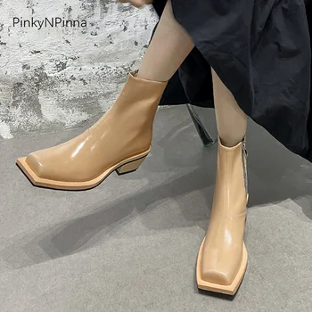 2020 toamna stralucitoare pista fahion femei din piele roșu vibrant glezna cizme tocuri indesata deget de la picior pătrat de pluș garnitură de botine pantofi