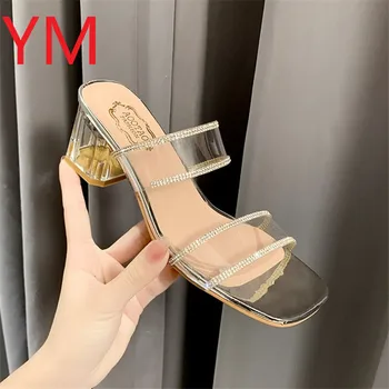 Clar Sandale de Vara Femei Pantofi Doamnelor Catâri Peep Toe Slide-uri Transparente din PVC Square Tocuri inalte Femei Pantofi Casual cu Toc Pătrat