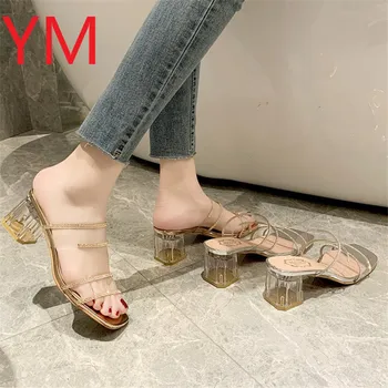 Clar Sandale de Vara Femei Pantofi Doamnelor Catâri Peep Toe Slide-uri Transparente din PVC Square Tocuri inalte Femei Pantofi Casual cu Toc Pătrat