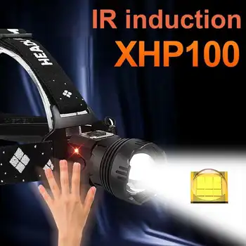 600000 LM Senzor IR led Far XHP100 Puternic faruri led 18650 usb Reîncărcabilă lampă de cap XHP90.2 pescuit cap torta de lumina