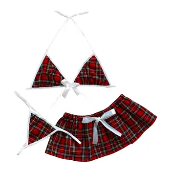3Pc Vrouwen Sexy Boog Ondergoed Pijama Lenjerie Uniformă Mini Rok + Thong Set Kerst Modul de Sexy Carouri Stijl Ondergoed set