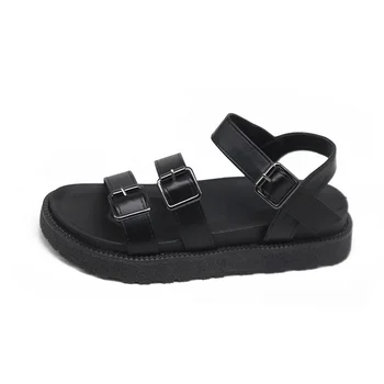 De Vară 2020 Femei Pantofi De Piele Negru Plat Sandale De Plaja Doamnelor Moda Romi Plat Solid Peep Toe Sandale Pantofi Casual Sandales
