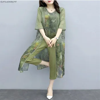 Șifon Plus Dimensiune Femei 3 Piece Set Lung Chineză Tradițională de Imprimare Tinuta Vestă fără Mâneci Mijlocul lunii vițel Pantaloni Elegant Costum Doamnelor