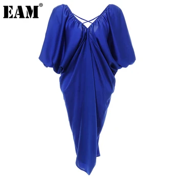 [MEM] Femei de Dimensiuni Mari Backless Criss-cross Blue Dress Noi V-gât Jumătate mâneci Vrac se Potrivi de Moda Valul de Primăvară de Toamnă 2021 1DD2368
