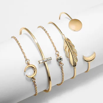 Bratari pentru femei Deschide stil Lanț de Aur necklace5 bucata set din oțel inoxidabil geometrice luna pene brățară bratari bijuterii