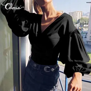 Celmia Elegant Satin Bluza Femei de Moda Felinar Sleeve Top de Mătase Sexy V-neck Office Camasa Maneca Lunga Papion Casual Blusas 5XL