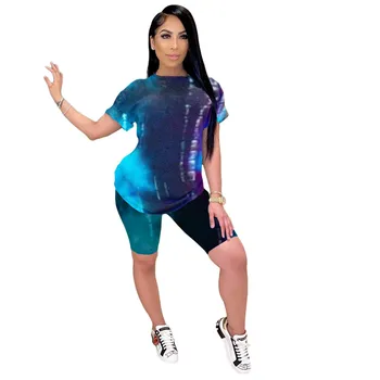 Femeile de fitness set de doua bucati tie dye print o-neck t-shirt de sus jambiere pantaloni scurți pantaloni 2020 moda streetwear casual, treninguri