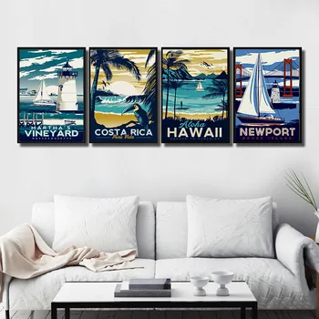 Pictura de Călătorie Lume Orașului Montauk Hawaii Epocă Poster City Poze de Perete pentru Camera de zi Panza Pictura Peisaj