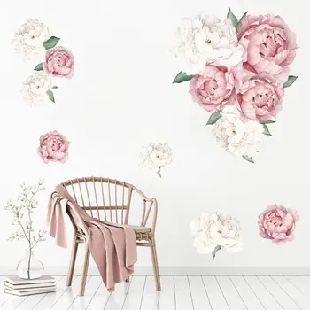 Roz si Bujor Alb de Flori autocolante de Perete pentru Camera Copii Living Dormitor Decor Perete Decal Florale, Decor Acasă